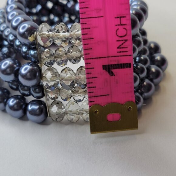 Grey Faux Pearl Stretch Bracelet 5 Strand Wide Faux Pearl Elastic Bracelet - Picture 3 of 8